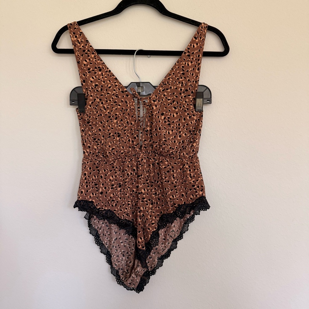 Mentionables Satin Leopard Print Lace Trim Romper